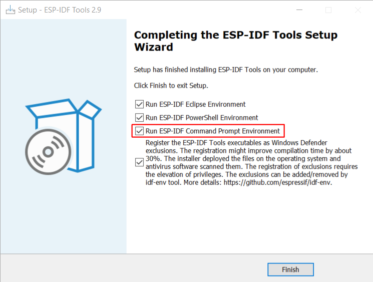 Completing the ESP-IDF Tools Setup Wizard with Run ESP-IDF Command Prompt cmd.exe