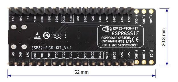 ESP32-PICO-KIT dimensions - back with male headers